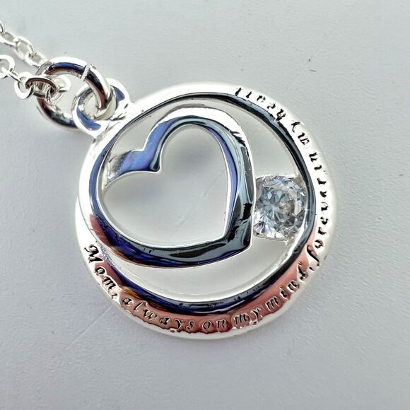 Mom Forever In My Heart Silver Tone Clear Rhinestone Pendant Necklace 17.75” - Picture 1 of 7